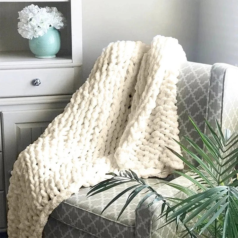 Hand Chunky Knitted Blanket Handmade Coarse Wool Woven Blanket Chenille Thick Blanket Sofa Blanket Photography Prop Blanket