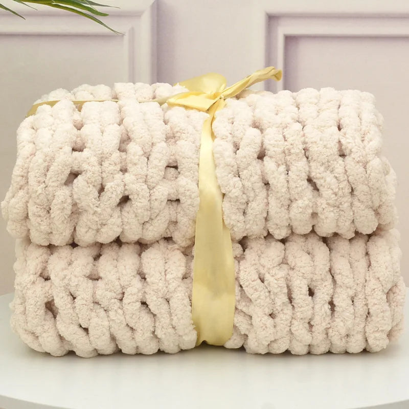 Hand Chunky Knitted Blanket Handmade Coarse Wool Woven Blanket Chenille Thick Blanket Sofa Blanket Photography Prop Blanket