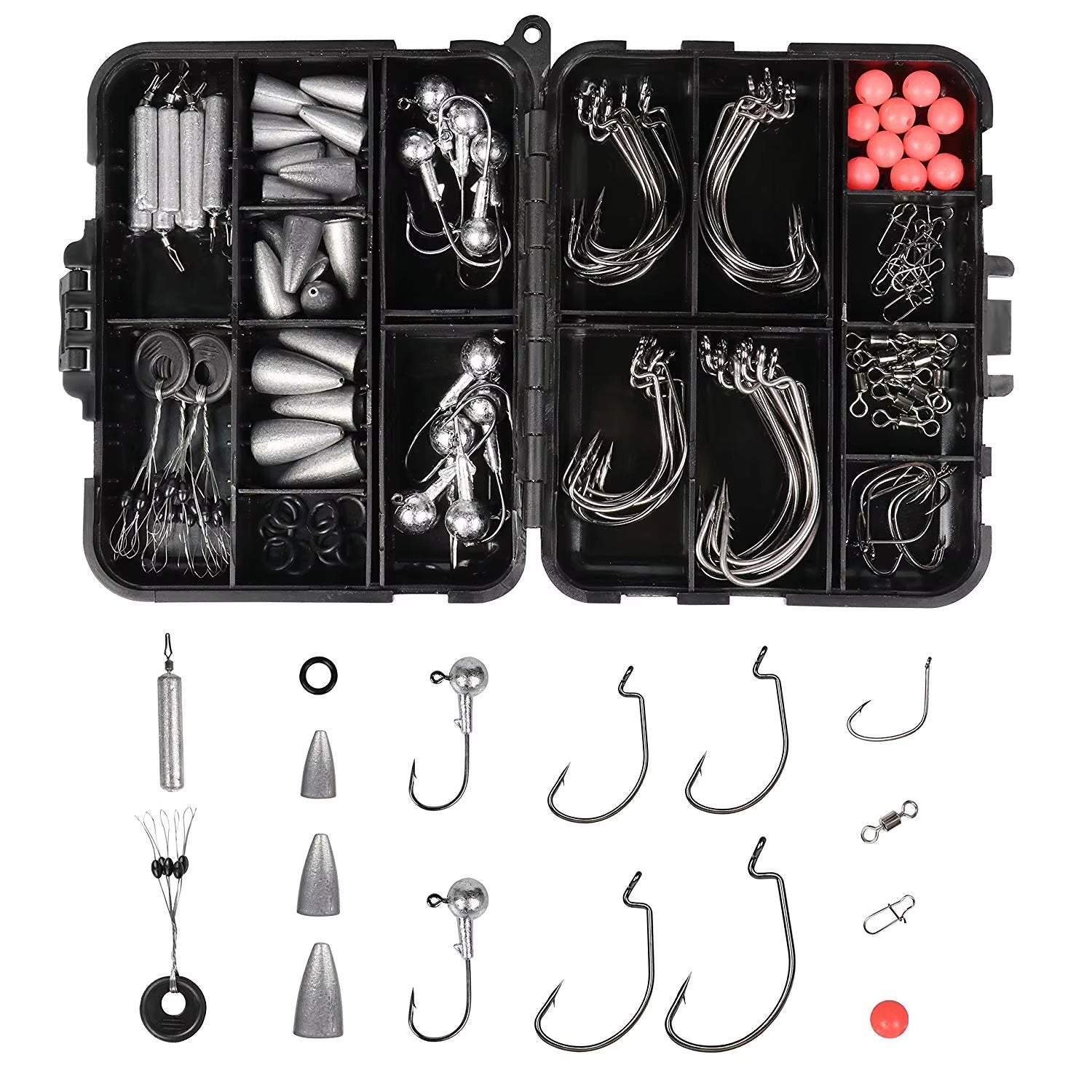 Fishing Tackle Box with Fish Hooks Swivels Weights Jig Heads Sinker Fishing Accessories Set Freshwater