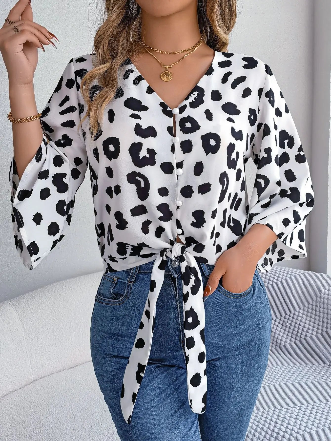 Leopard Print Bow-Tie Blouse