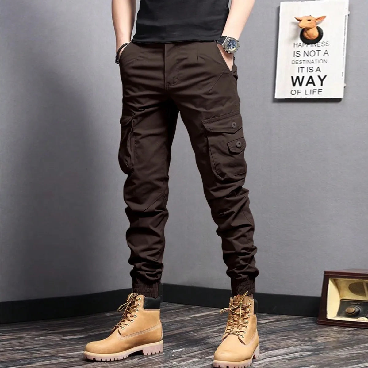 Men's Tapered Cargo Pants - Casual Side Flap Pockets