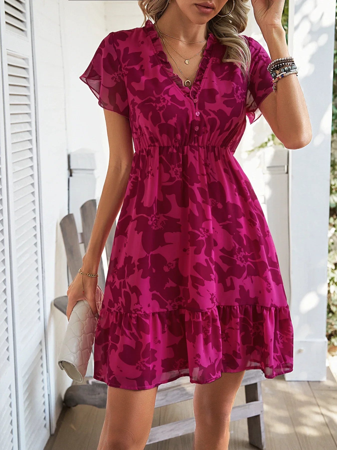 Spring/Summer V-Neck Short Sleeve Beach Dress