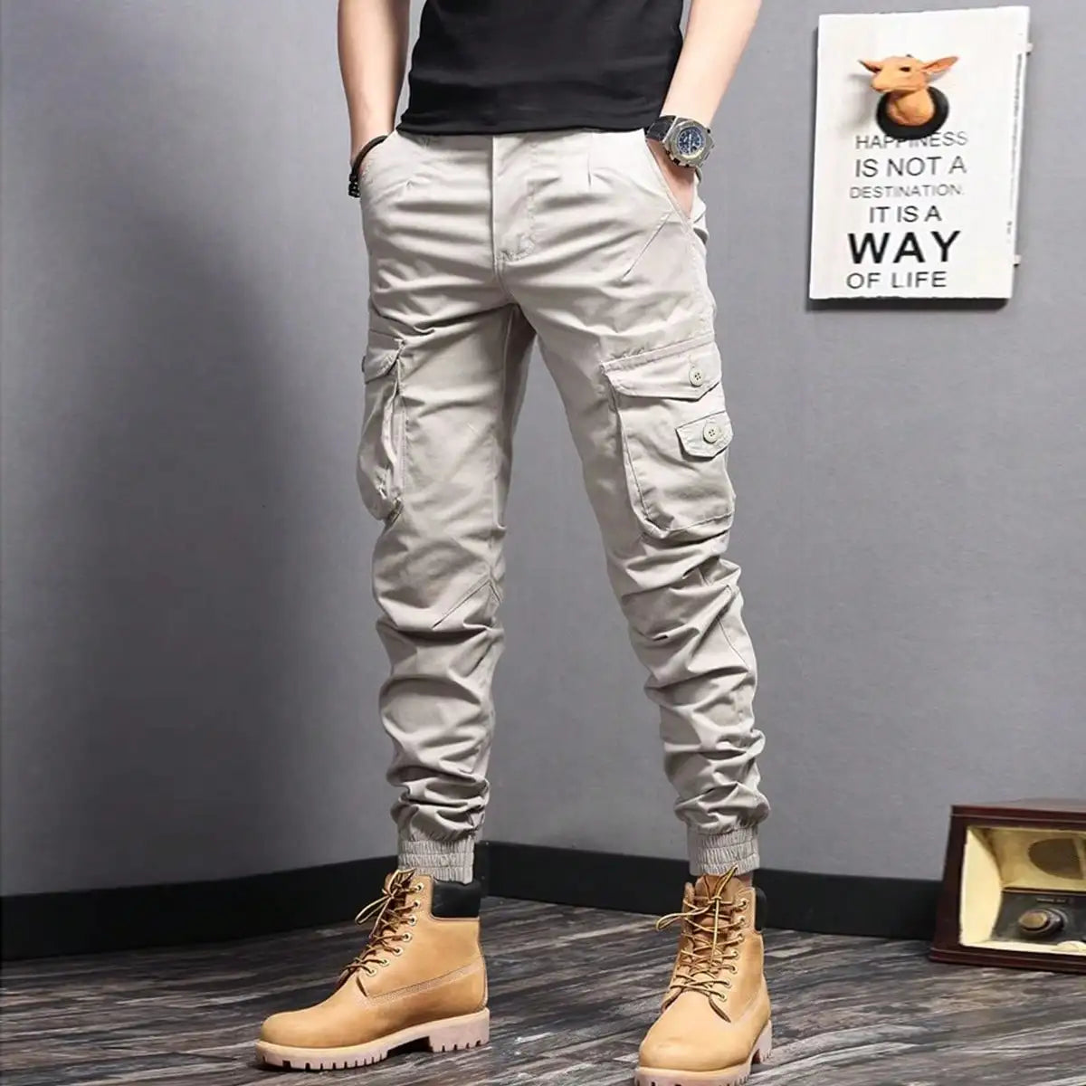 Men's Tapered Cargo Pants - Casual Side Flap Pockets