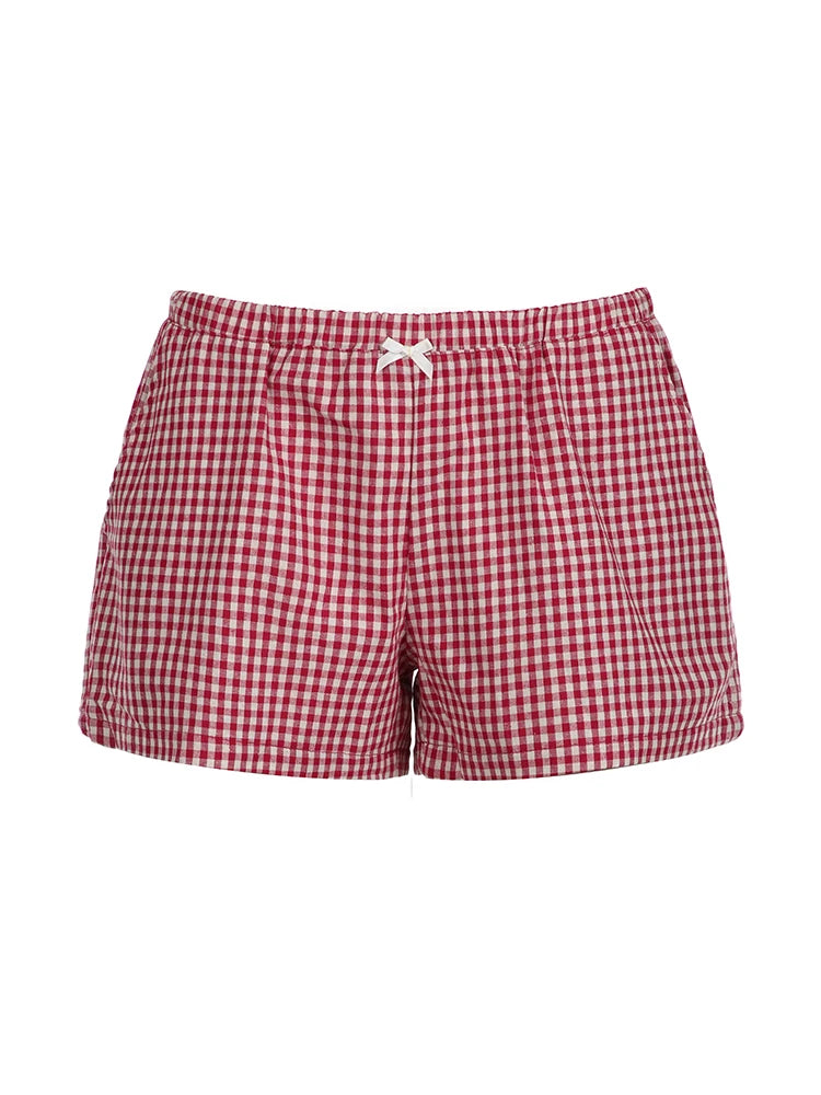 Women’s Plaid Print Y2K Shorts with Bow