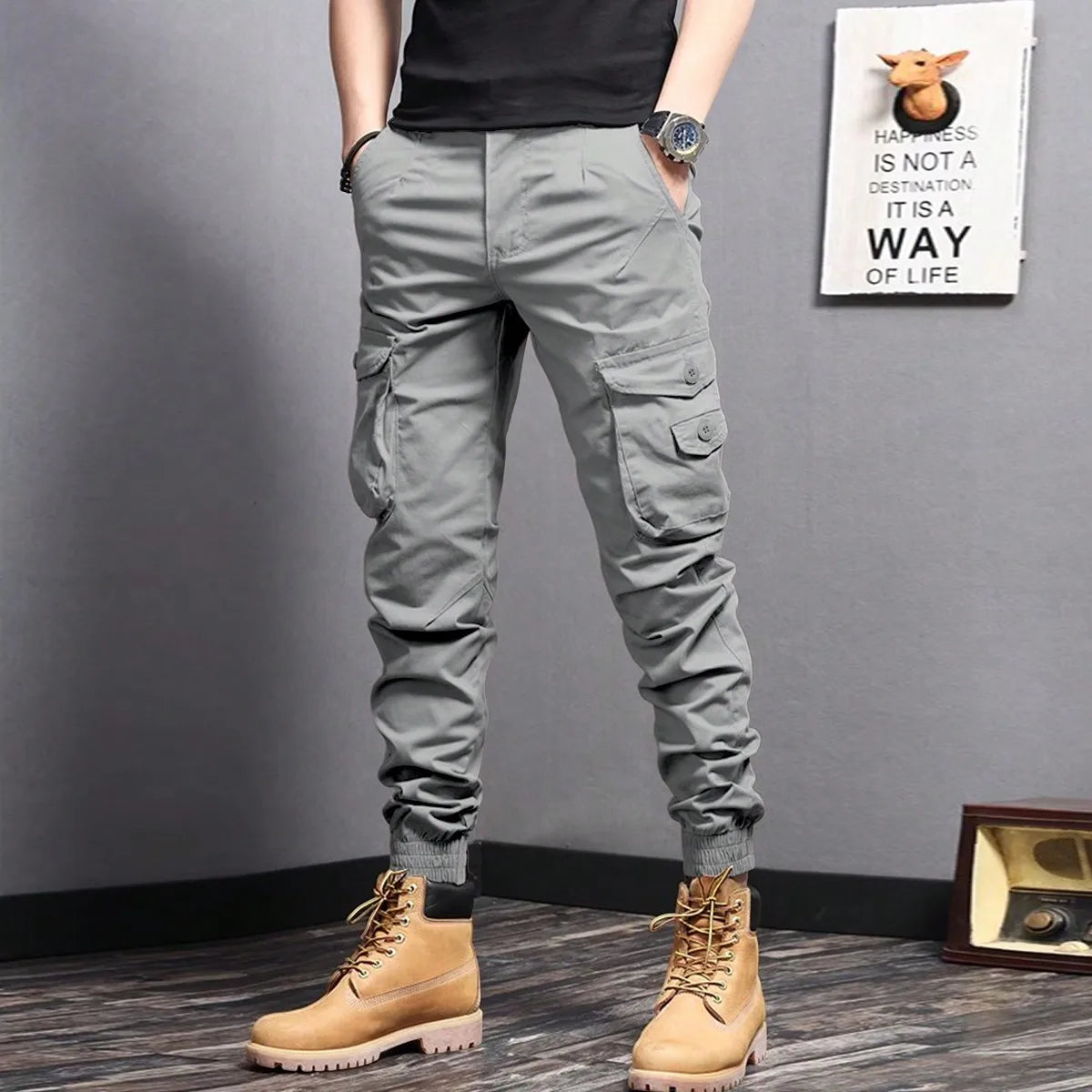 Men's Tapered Cargo Pants - Casual Side Flap Pockets