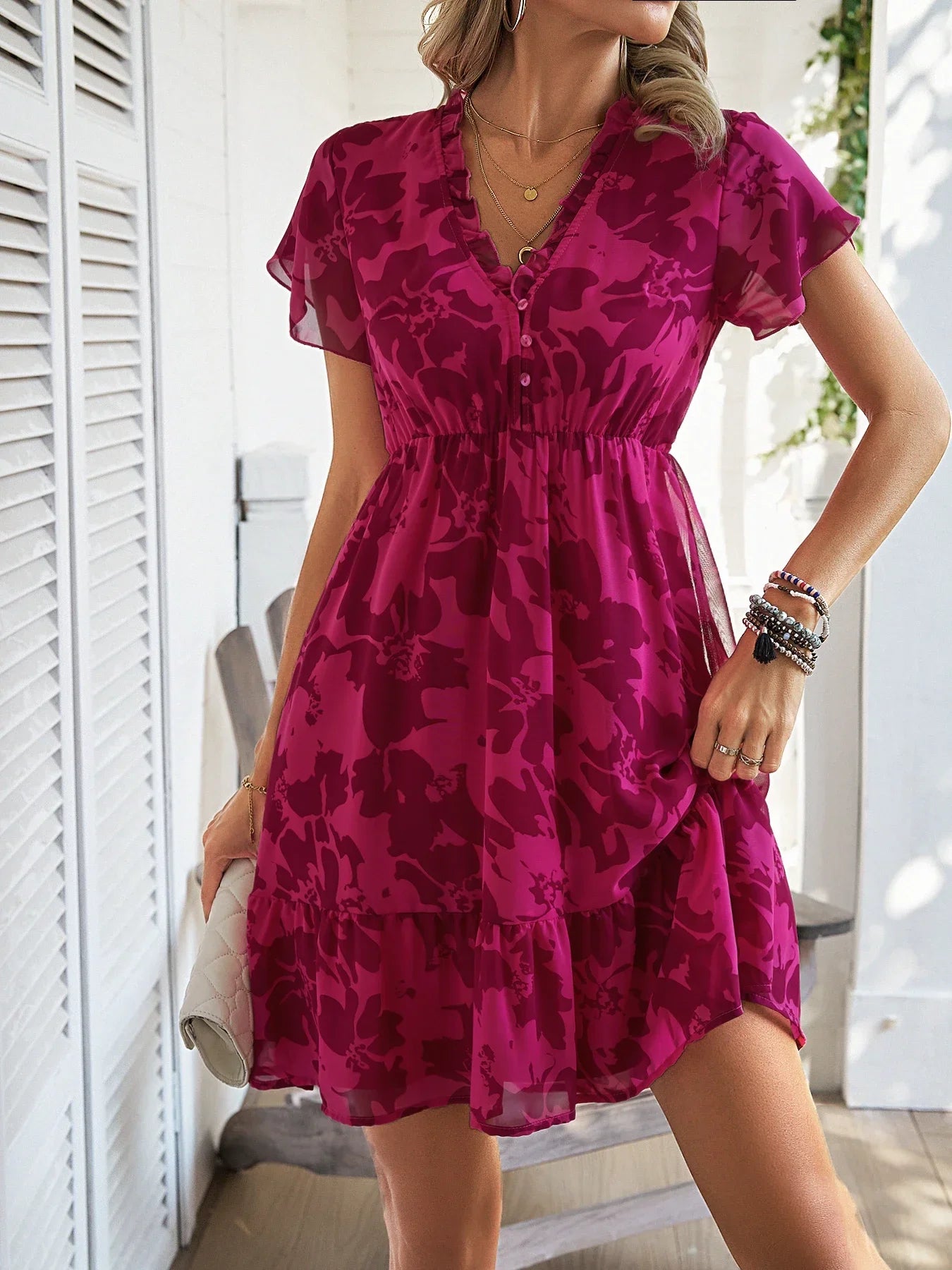 Spring/Summer V-Neck Short Sleeve Beach Dress