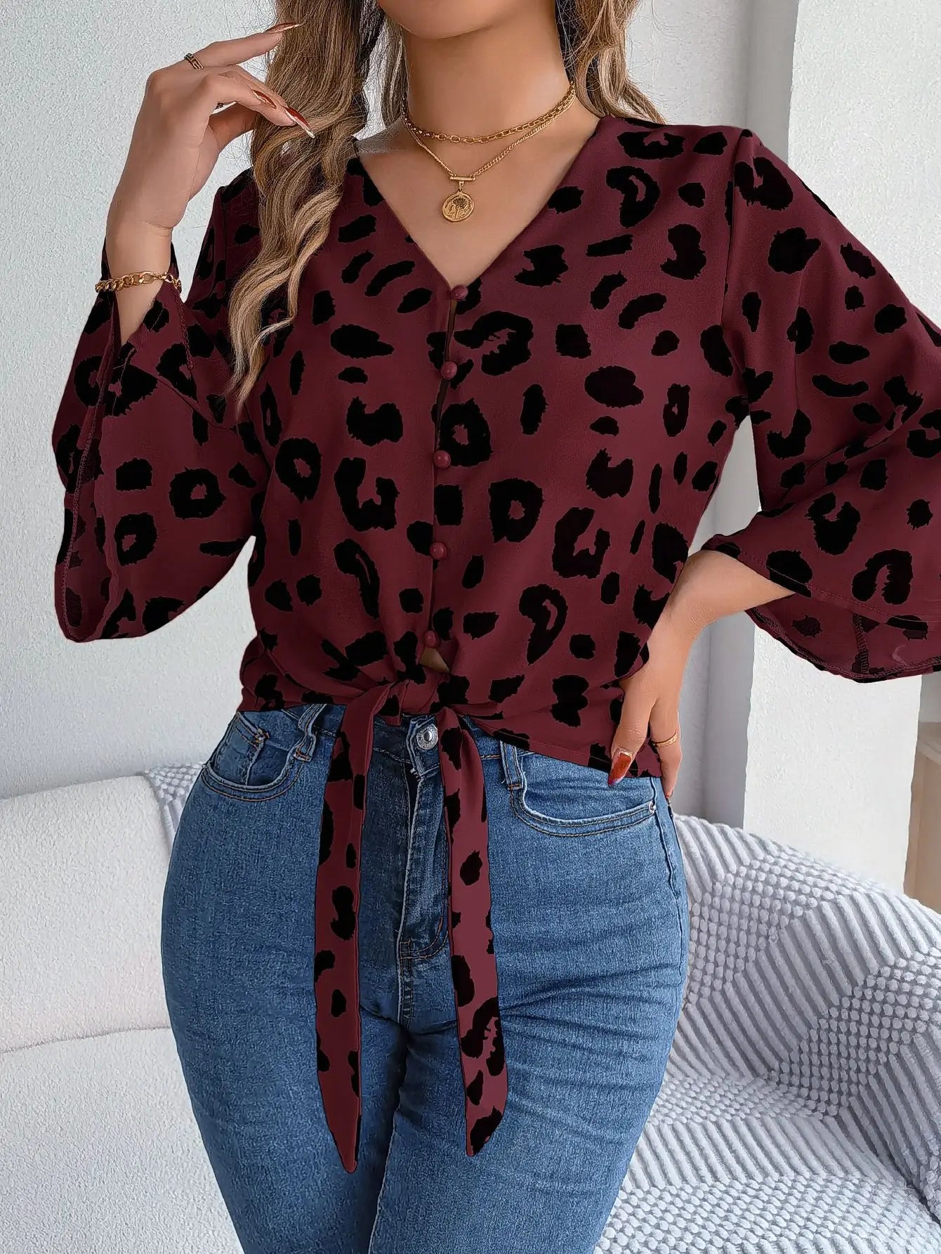 Leopard Print Bow-Tie Blouse