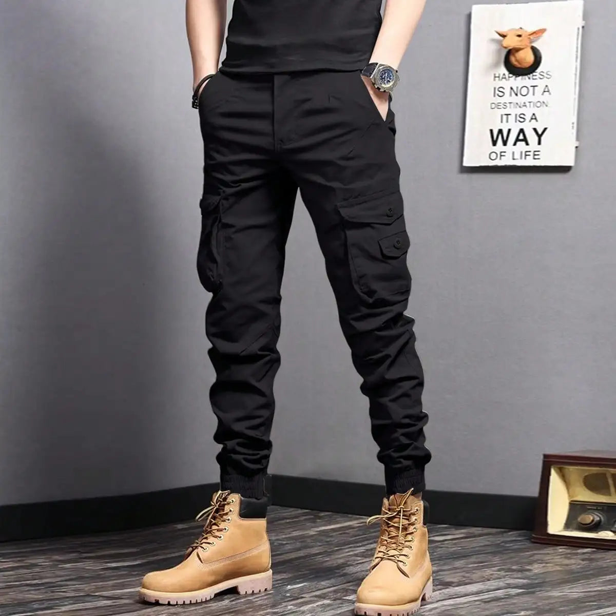 Men's Tapered Cargo Pants - Casual Side Flap Pockets