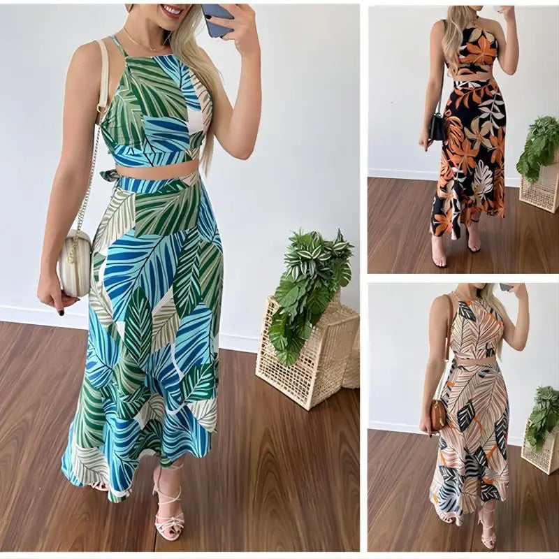 Floral Printed Dress Set - Summer Casual Two-Piece Lace Vest & High Waist Skirt Beach Outfit