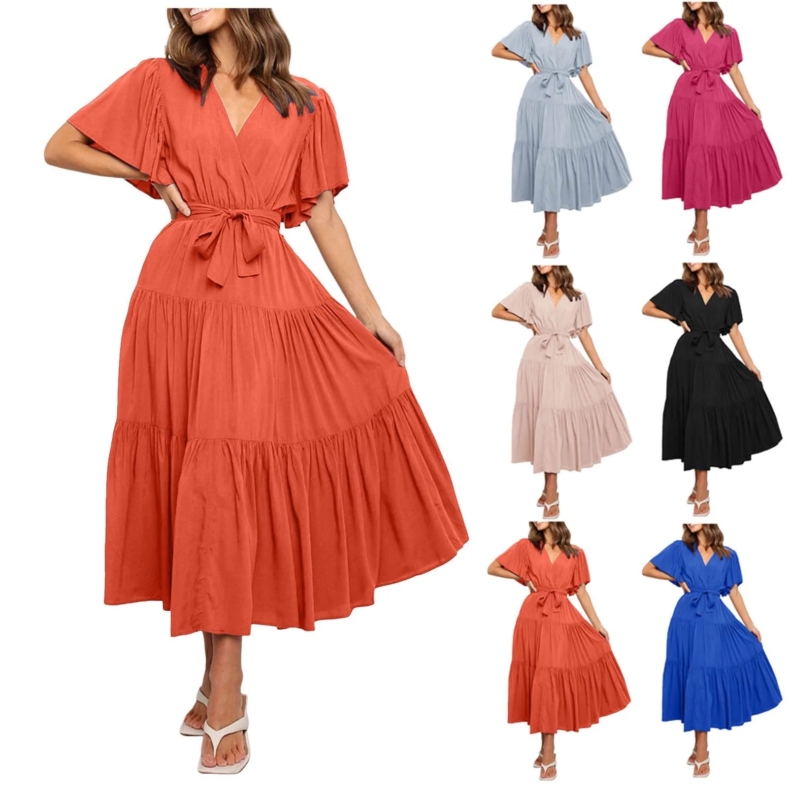 Women’s Chiffon Bohemian Dress - Lace-Up Butterfly Sleeve V-Neck Summer Party Dress