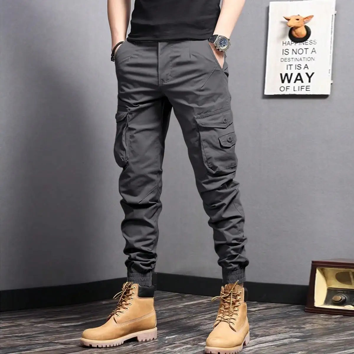 Men's Tapered Cargo Pants - Casual Side Flap Pockets