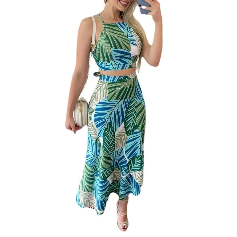 Floral Printed Dress Set - Summer Casual Two-Piece Lace Vest & High Waist Skirt Beach Outfit