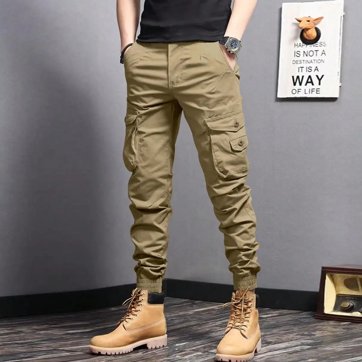 Men's Tapered Cargo Pants - Casual Side Flap Pockets