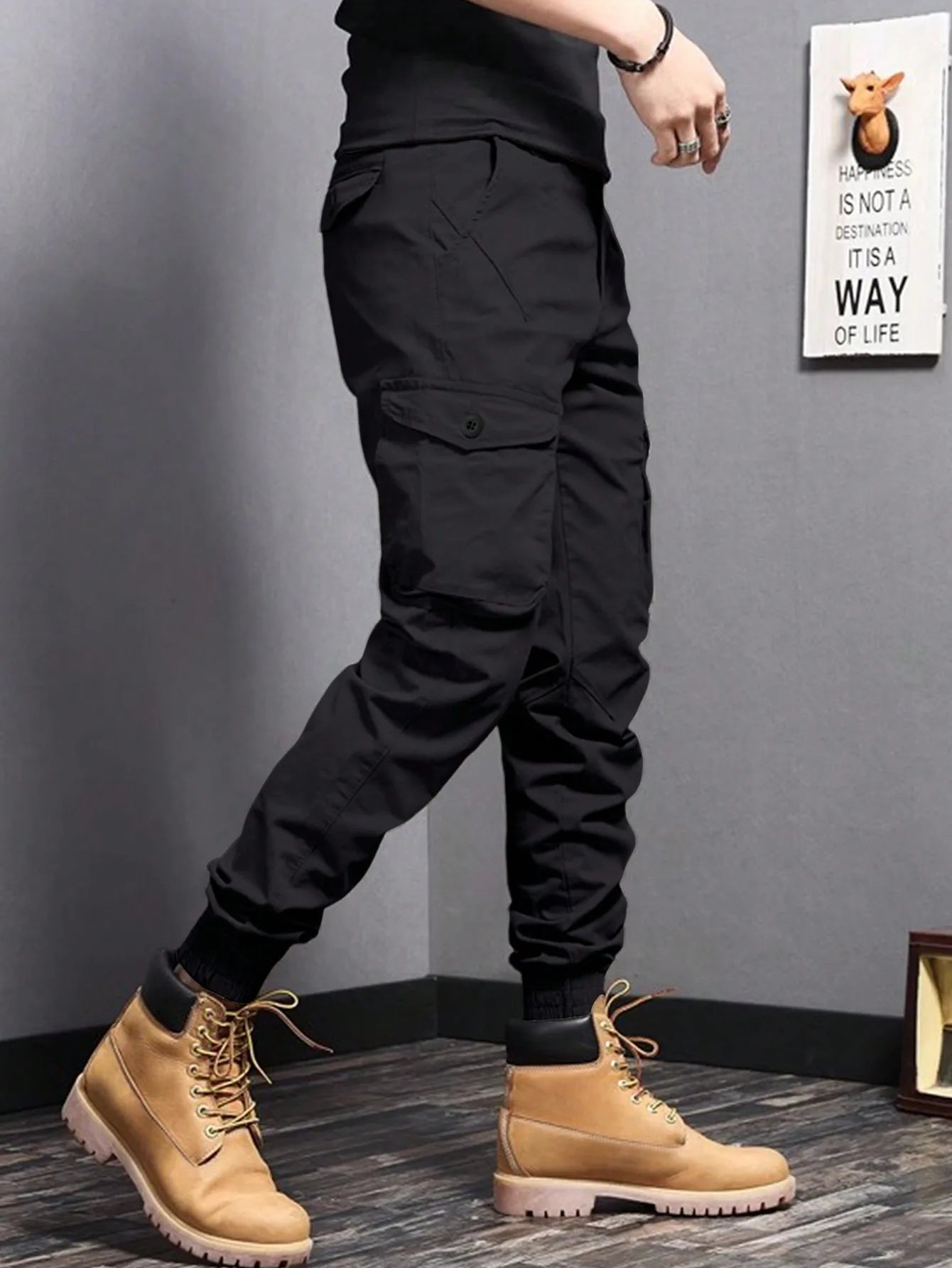 Men's Tapered Cargo Pants - Casual Side Flap Pockets