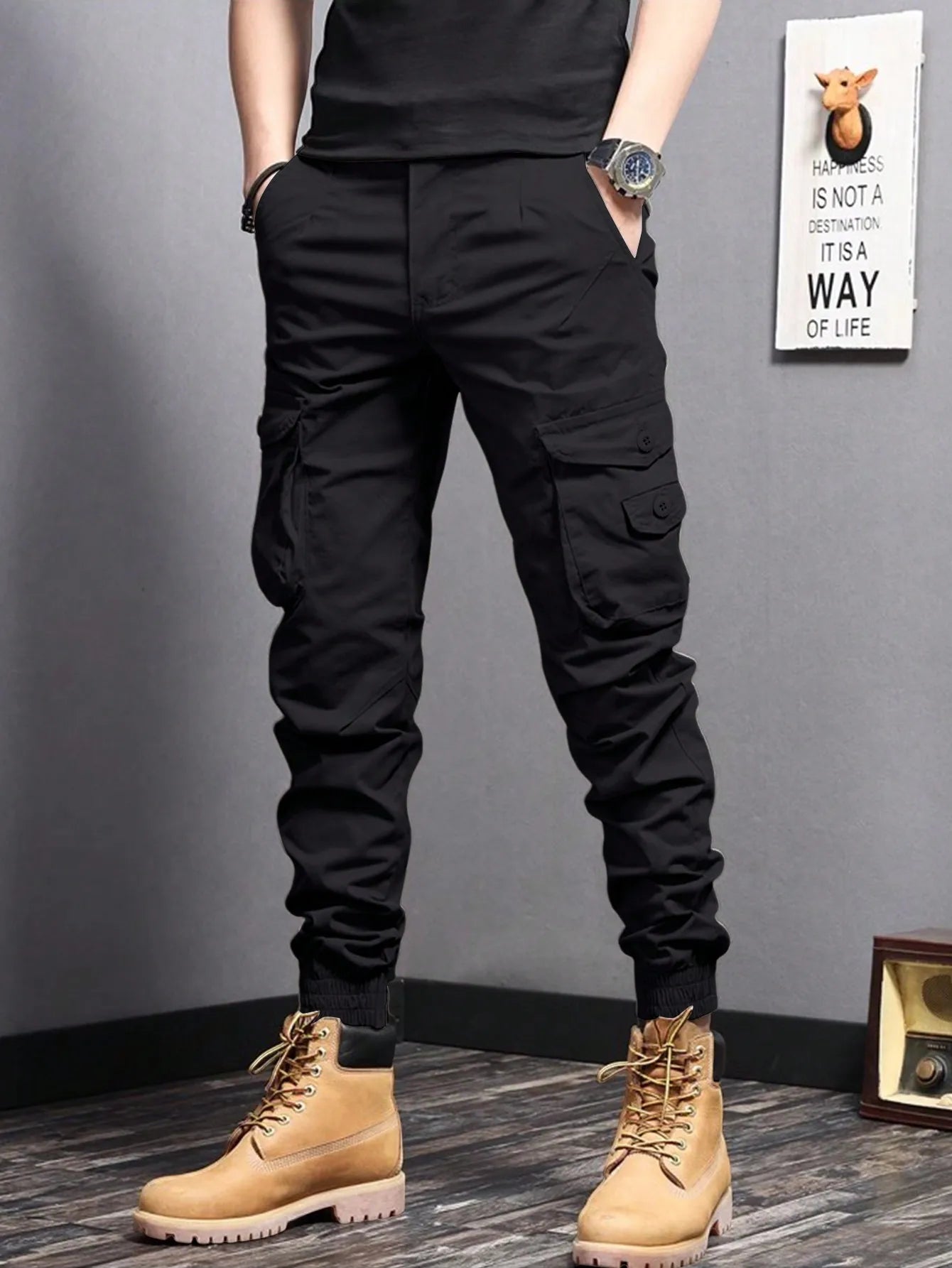 Men's Tapered Cargo Pants - Casual Side Flap Pockets